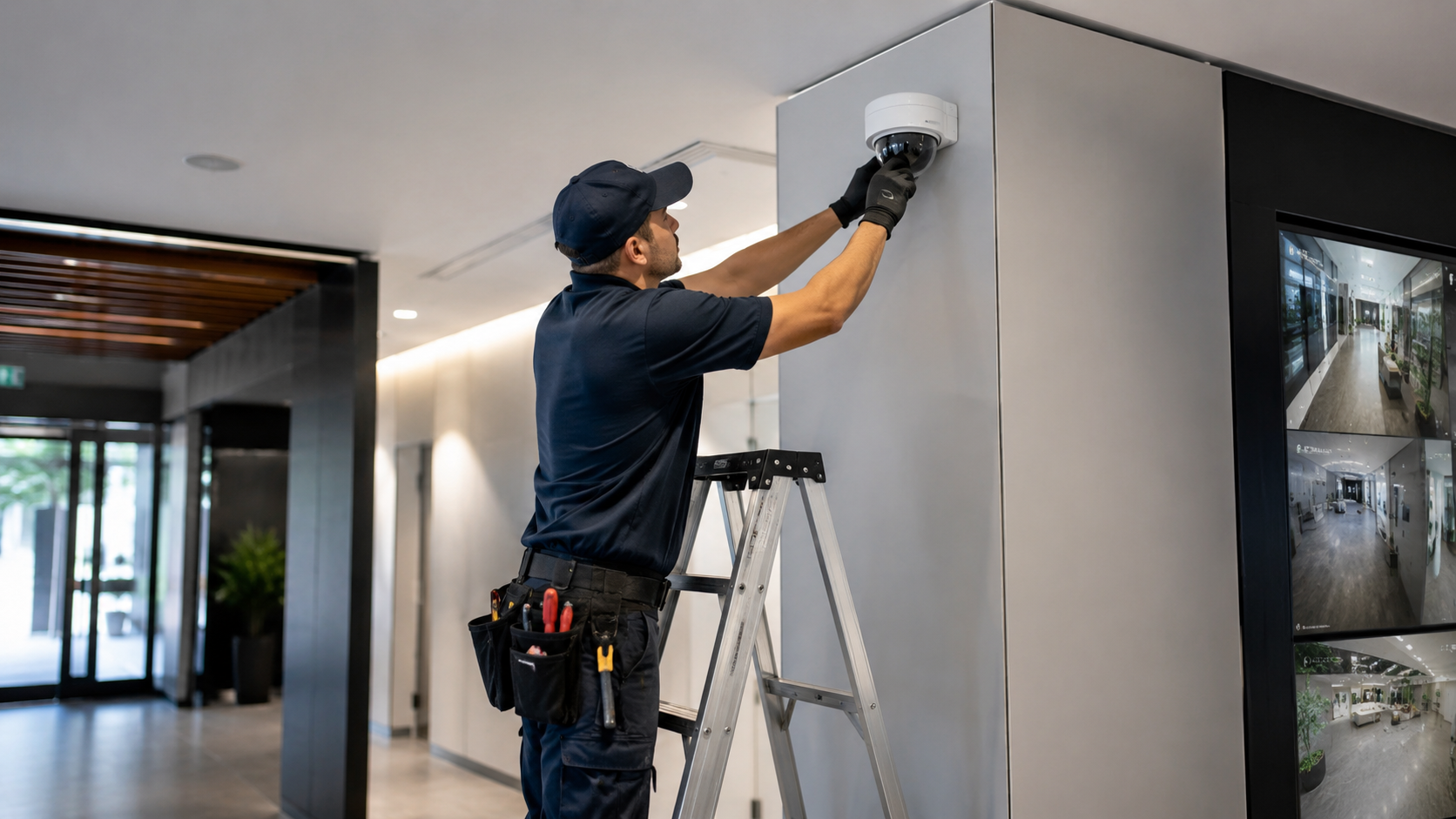 Technician installing a security camera in a modern building