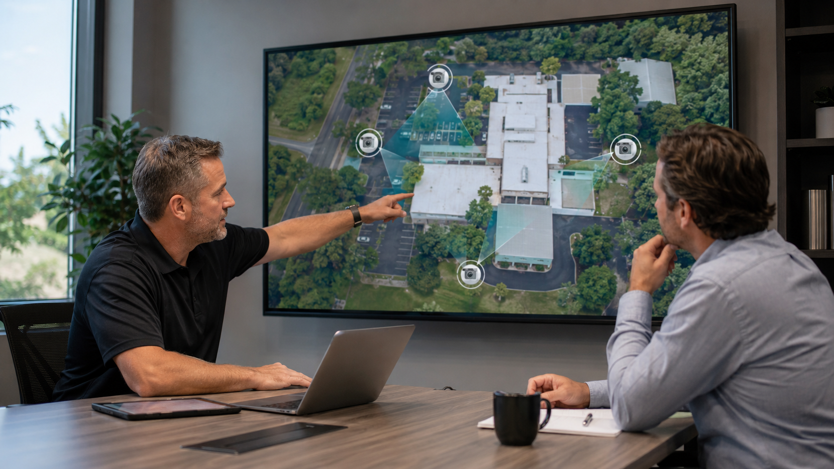 Security consultation with aerial planning on a large display
