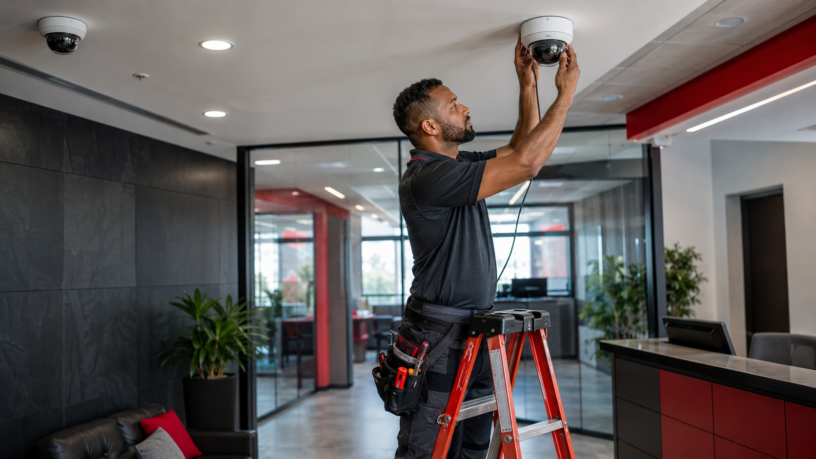 Technician installing a security camera in a modern office lobby